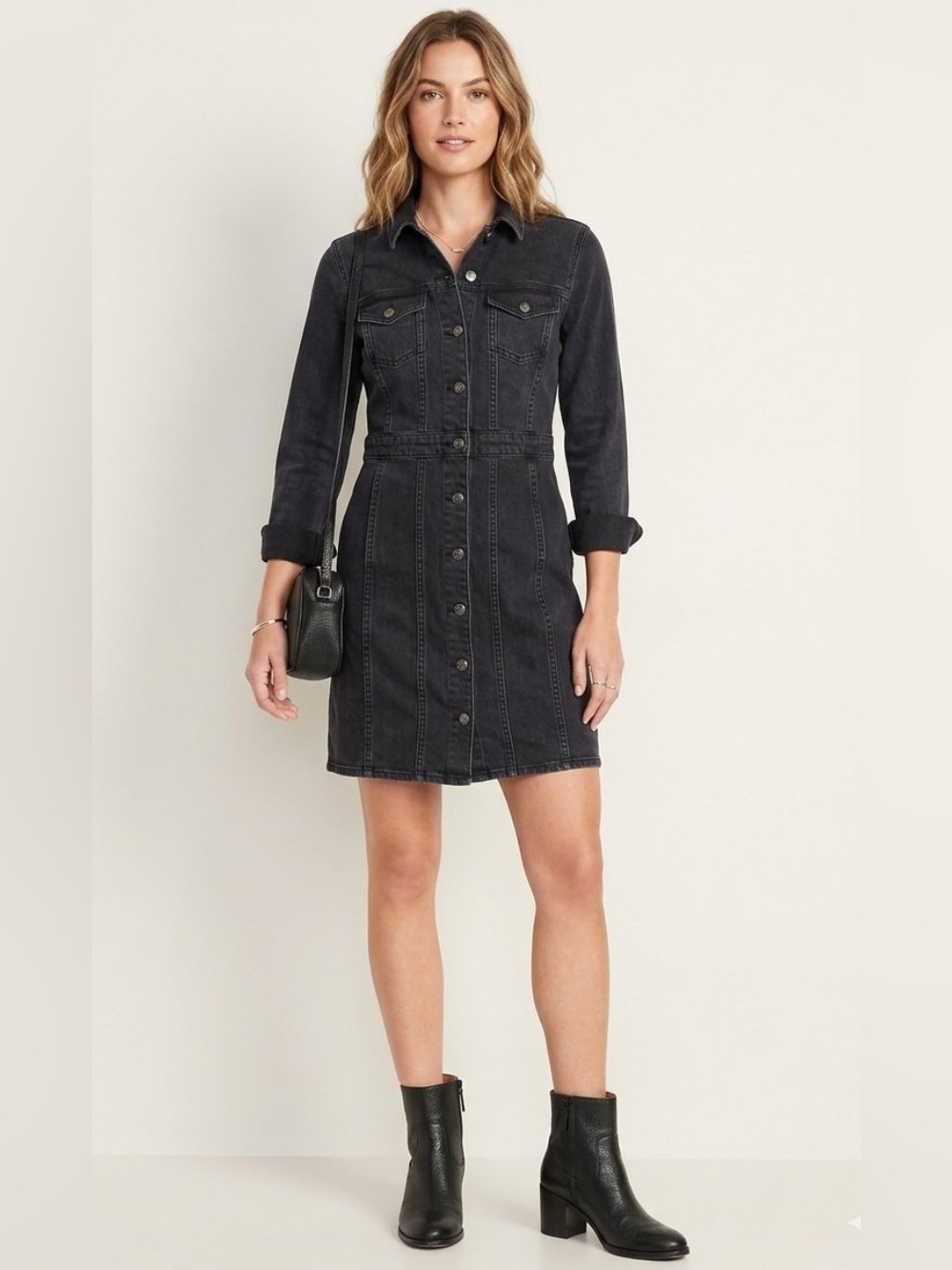 J Crew Short Denim Long Sleeve Shirt Dress Button Front Black Size 6 Women’s